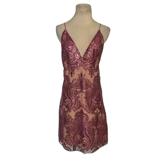 Free People Pink Sequin Dress Party Mini Spaghetti Strap Shift Size 14 - Picture 1 of 15